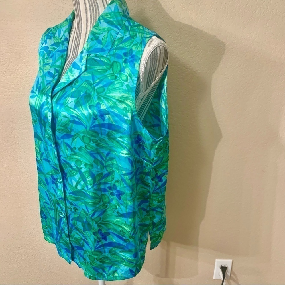 Morgan Taylor Intimates Top Sleep Top Large Sleeveless Teal Green Satin Tropical - Picture 3 of 12